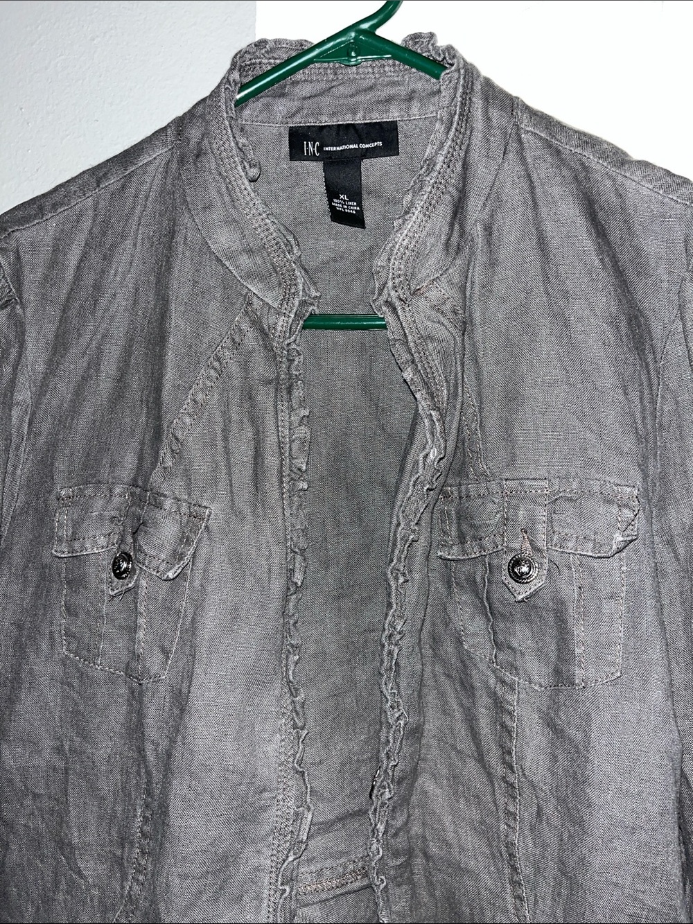 INC International Concepts Charcoal Ruffle-Trim Jacket 100% linen